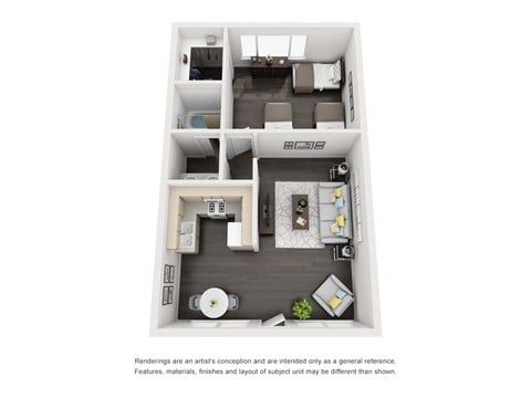 Floor plan for 1 bed, 1 bath, 640 sqft